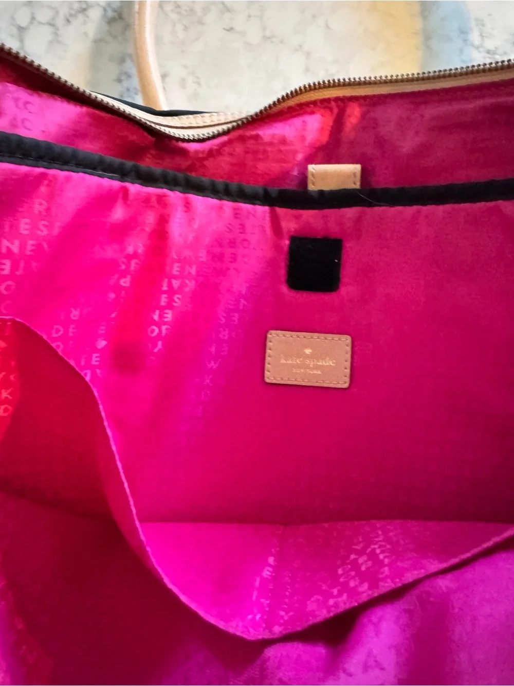 Kate Spade New York Black Nylon Laptop Tote Work Bag Pink Lining Leather Trim Mi